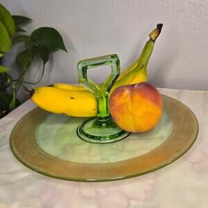 Vintage Early 20th Century Center Handle Green Depression Glass Serving Platter